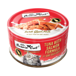Fussie Cat - 極品吞拿魚 + 三文魚山羊奶湯汁主食貓罐 - 70克 到期日：2026-01-28