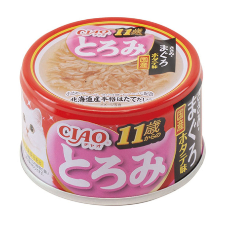 CIAO - 雞肉、吞拿魚、元貝濃湯系列(11歲起老貓用)貓罐頭 - 85 克 到期日：2026-11-12